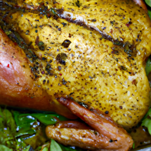 A close-up of a turkey with a flavorful herb marinade.